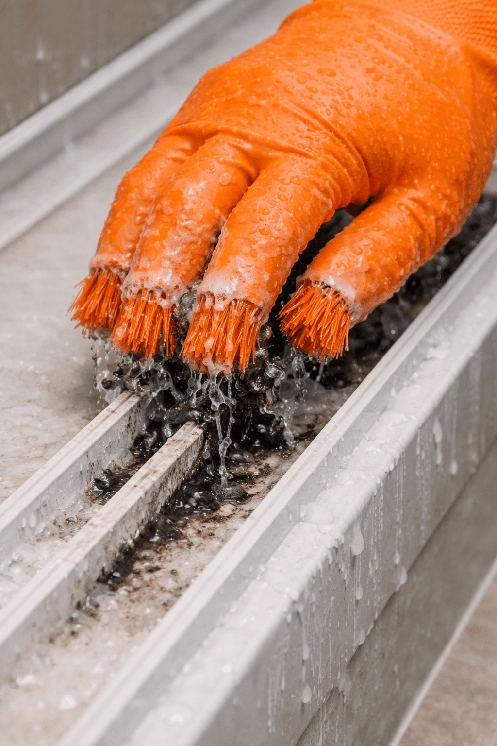 After — Gloveys cleaning a shower track